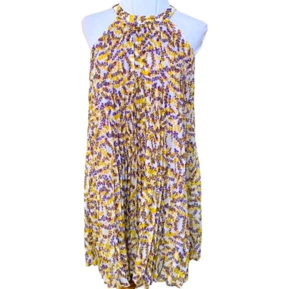 MELLODAY Halter Pleated Floral Trapeze Mini Dress Yellow Prple Metallic Shiny XS - Picture 1 of 14